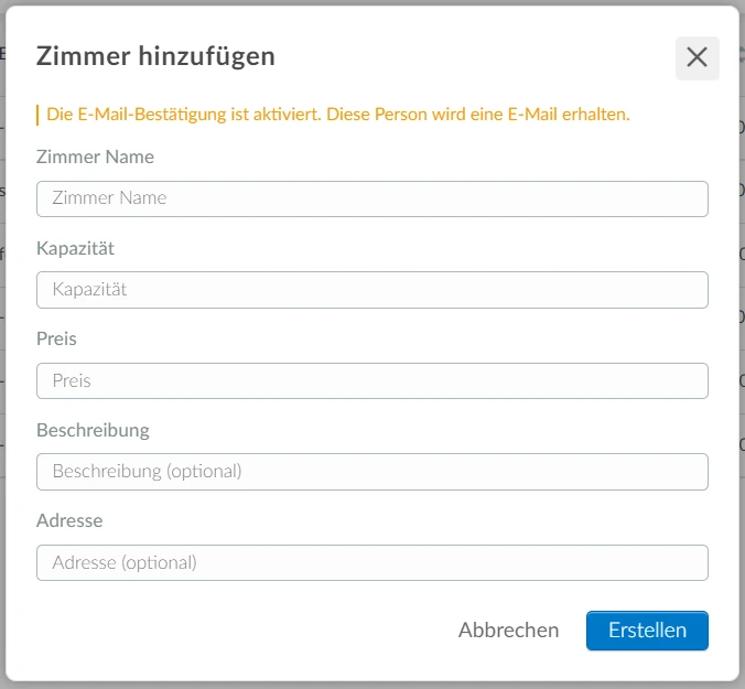 Screenshot of the add room fields.