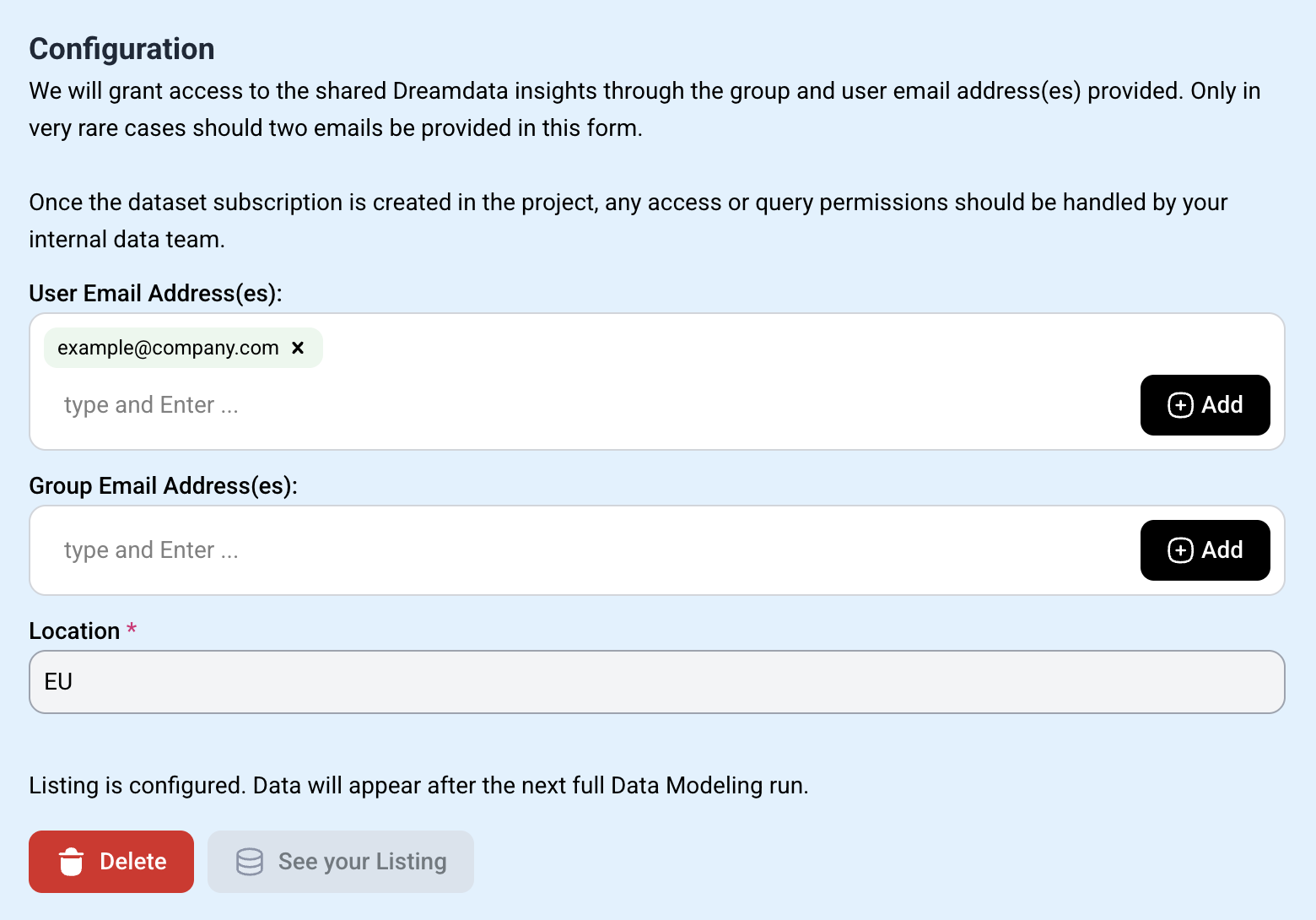 The Dreamdata BigQuery V2 integration setup form in a configured state.